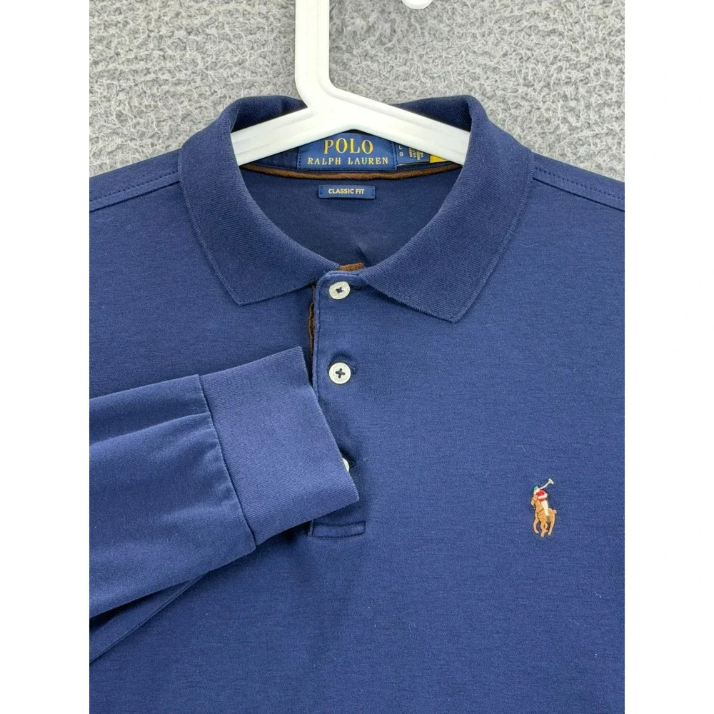 Polo Ralph Lauren Mens Large Long Sleeve Polo Shirt  Blue Classic Fit Flesh Pony